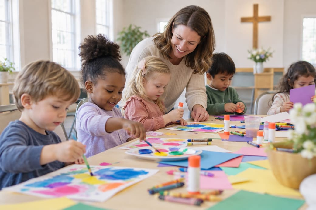 Young children painting at a craft table with a smiling volunteer