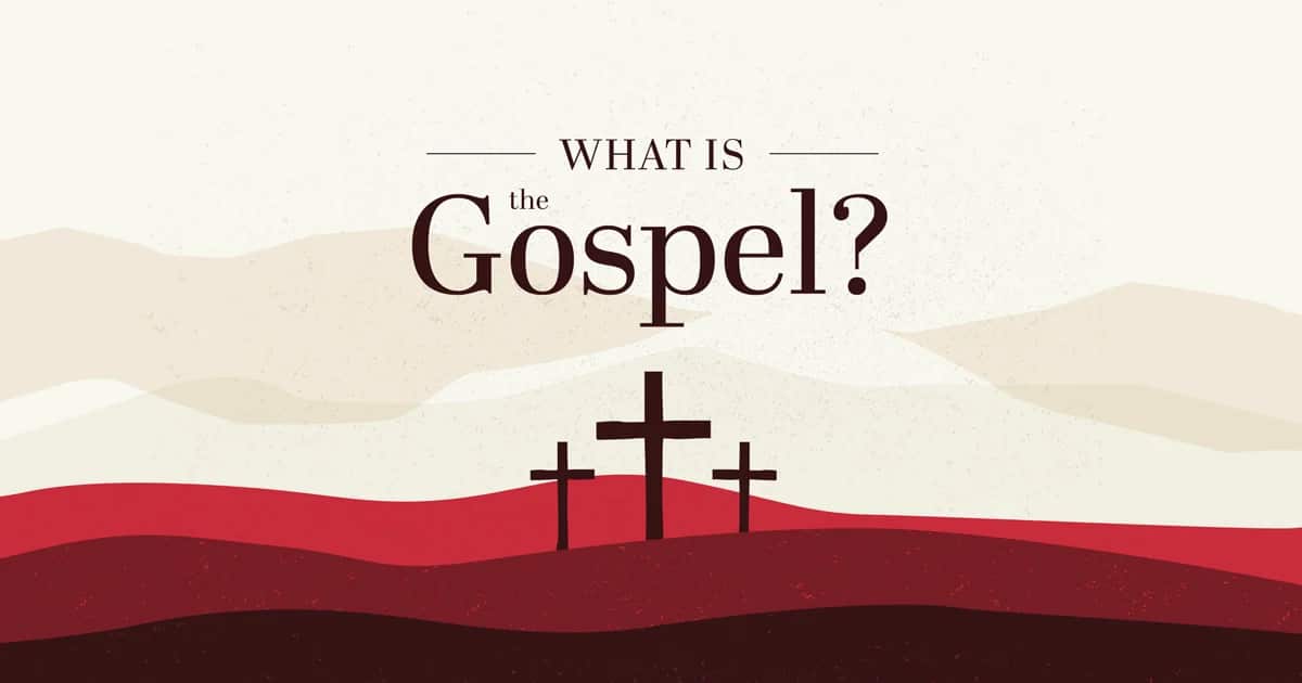 Illustration of three crosses on a hill with the words What is the Gospel?