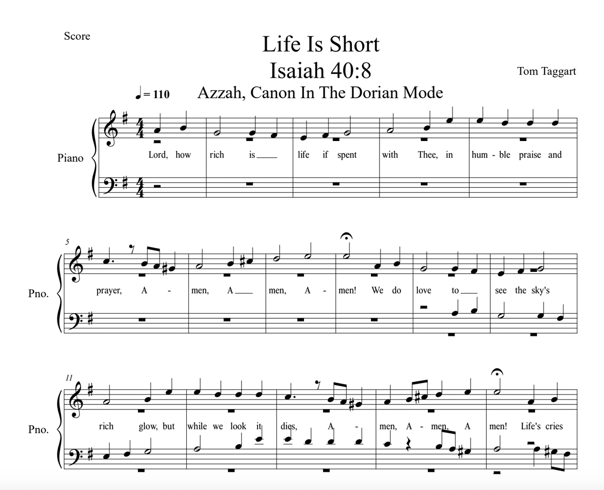 Sheet music score: Life Is Short by Tom Taggart
