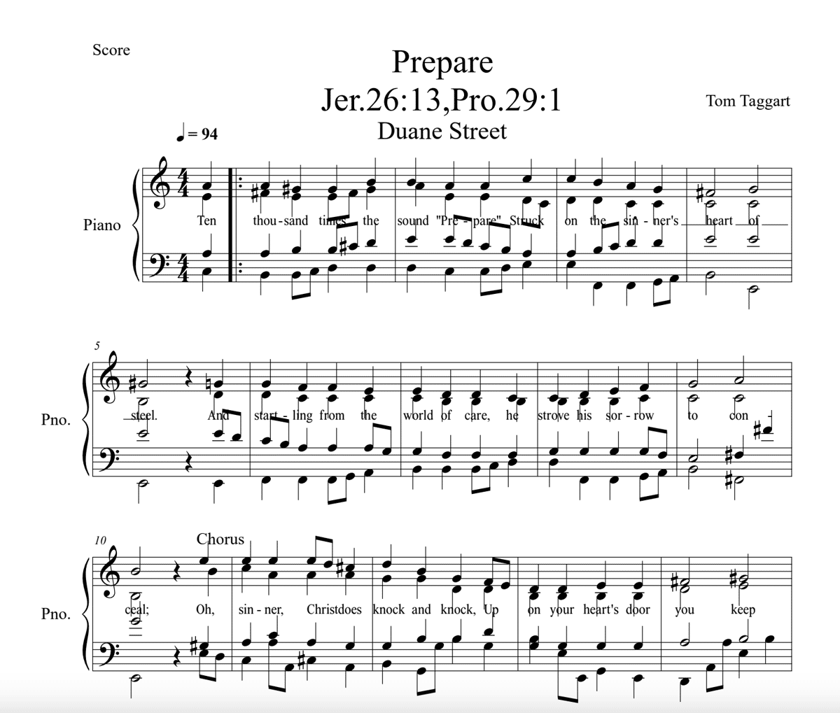 Sheet music score: Prepare by Tom Taggart
