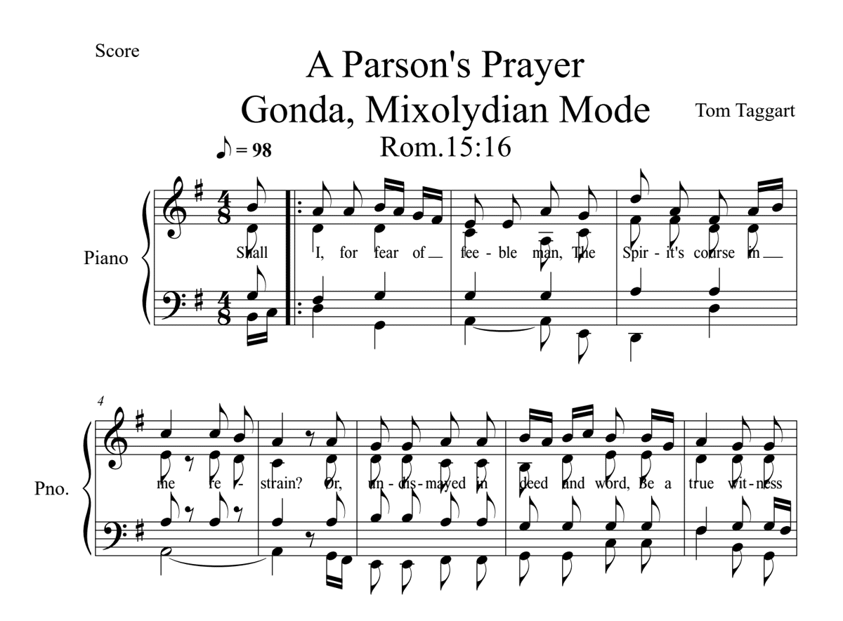 Sheet music score: A Parson's Prayer by Tom Taggart
