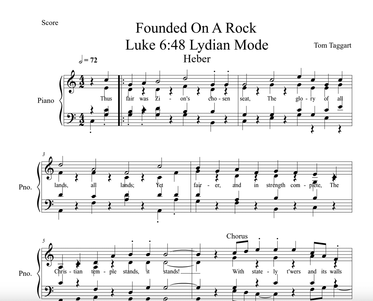 Sheet music score: Founded On A Rock by Tom Taggart
