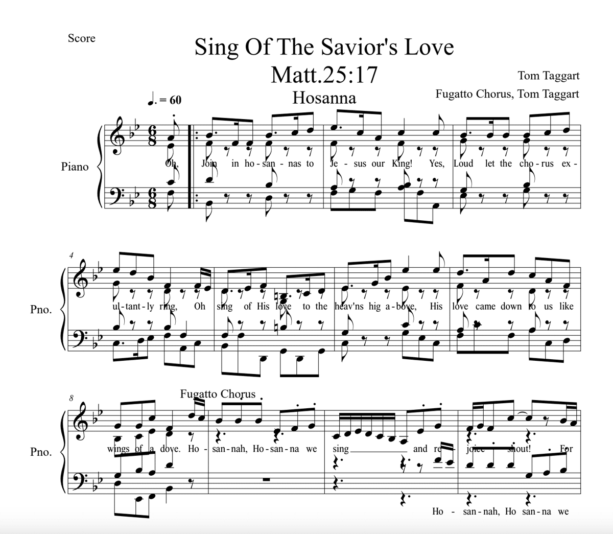 Sheet music score: Sing Of The Savior's Love by Tom Taggart