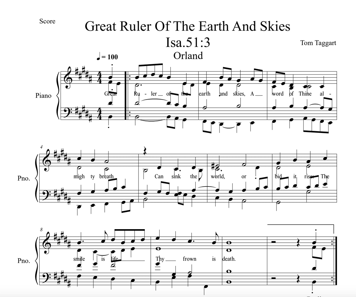 Sheet music score: Great Ruler Of The Earth And Skies by Tom Taggart